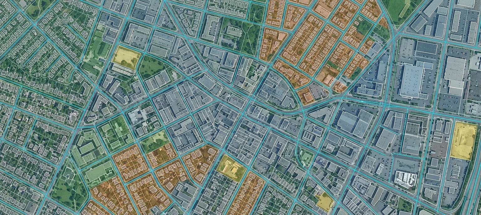 Aerial satellite imagery of an urban area with annotation overlay showing building footprints, road polylines, and land use classification color coding